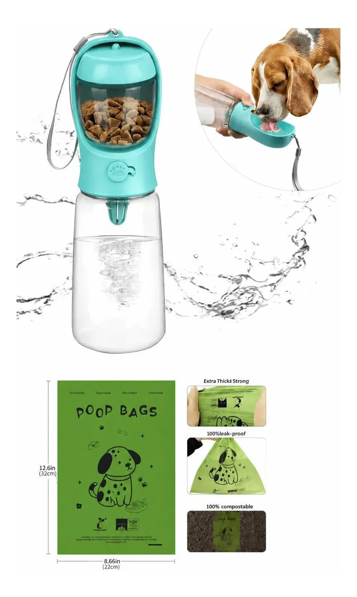 Botella Dispensador De Agua Y Comida Para Perro + Bolsas Agua